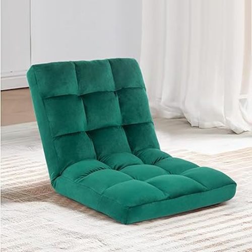 Floor Chair, 24 inches Wide Oversized Velvet Armless Lay Flat Floor seat Padded Meditation Chair with 6 Adjustable Position Ergonomic Comfortable Convenient(LRSF-012-GREEN)