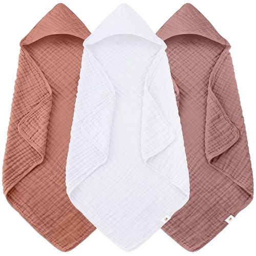 Sunny zzzZZ Muslin Hooded Baby Bath Towels - 3 Pack 100% Cotton Soft Low-Saturation Pastel Towels Including Classic White for Newborns, Infants, Toddlers - 32x32 Inch - Deep Bean Paste and White