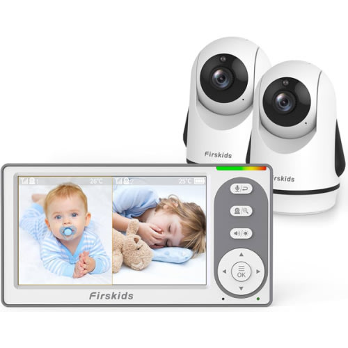 Firskids Split-Screen Baby Monitor with 2 Cameras No WiFi, 30H Battery, Pan-Tilt-Zoom, Monitor para bebés with Night Vision, 2-Way Audio, Room Temp Sensor, Lullaby, Plug & Play - Ideal for Travel