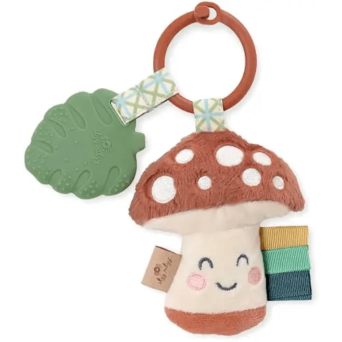 Itzy Ritzy Infant Toy & Teether - Itzy Pal Baby Teething Toy Includes Lovey, Crinkle Sound, Textured Ribbons & Silicone Teether Toy for Newborn (Mushroom)