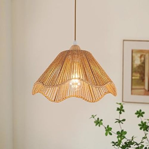 D12.5 Inch Boho Light Fixtures Boho Rattan Pendant Light Flush Mount Mini Chandelier Woven Hanging Light Fixture for Bedroom Hallway Entryway Nursery Kitchen Island
