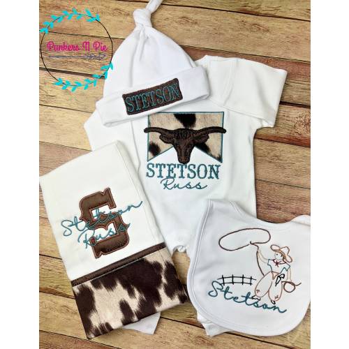 Cowboy gift set for baby boy - Longhorn cattle, brown cow print, Baby Boy Coming Home Outfit - Personalized romper bib and burp cloth