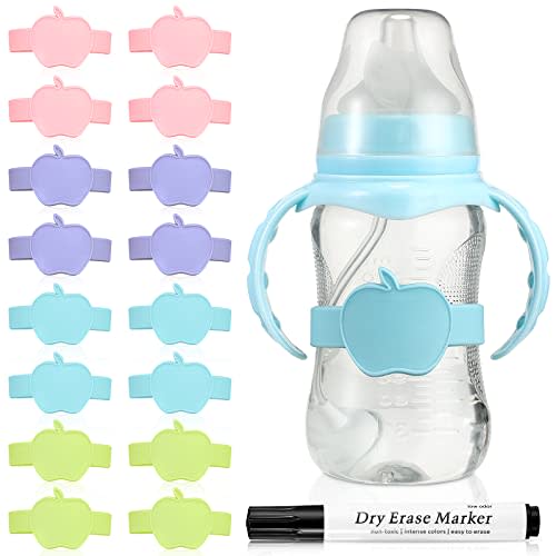 Fuutreo 16 Pcs Baby Bottle Labels for Daycare Labels Reusable Waterproof Silicone Name Bands Writable Baby Bottle Name Tags Essentials with Dry Erase Marker(Cute Color)