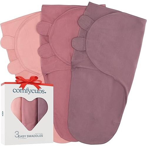 Comfy Cubs – 3pk 100% Cotton Wrap Swaddles (0-3m/Blush, Mauve & Mulberry)