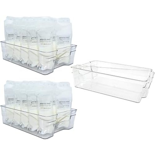 3 Pack Stackable Storage Bins - Plastic Storage Containers for Fridge, Pantry, Freezer, Closet & Kitchen, Clear Fridge Organizer Bins Ideal for Breastmilk, Baby Pouches & Formula Bottles | Large