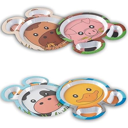 Farm Friends Mealtime Melamine Feeding Plates- Set of 4 Unique Cute Zoo Animal Pal Dishes for Kids- Horse Pig Duck Cow- Divided Compartments for Food Groups & Easy Grabbing, BPA Free, Dishwasher Safe