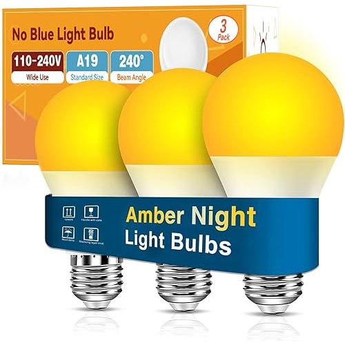 Neporal Amber Light Bulbs, 9W 60W Equivalent A19 Soft Light Bulbs, Blue Light Blocking Warm Light Bulbs, 1800K Amber Night Light Bulbs, Dim Light Bulbs for Healthy Sleep and Baby Nursery Light (3)
