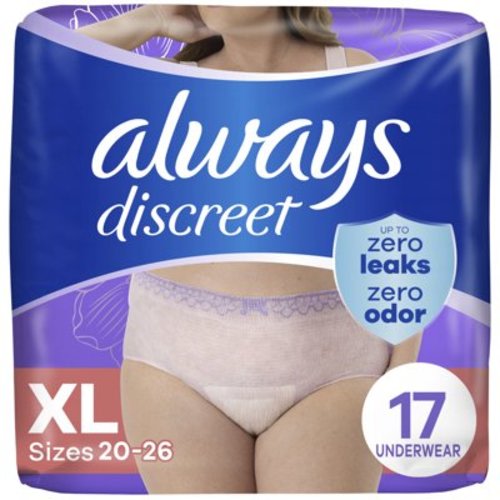 Always Discreet Adult Incontinence Underwear for Women and Postpartum Underwear, XL, Up to 100% Bladder Leak Protection, 17 CT