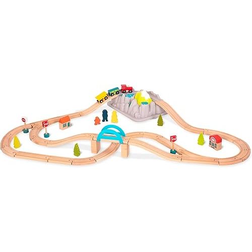B. toys – Wood & Wheels Train Set– 47 Pieces – Tracks & Accessories – Storage Bucket with Mountain Lid – Classic Toys for Toddlers, Kids – 3+ Years
