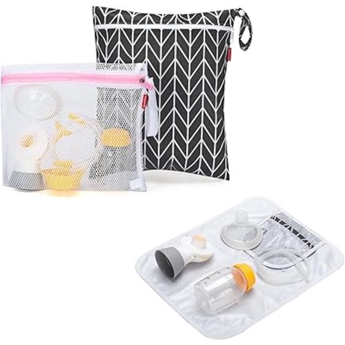Damero Breast Pump Parts Bag, Wet Dry Breast Pump Parts Bag, Pumping Bag with Waterproof Mat and Mesh Bag, Black Arrow
