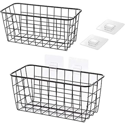 2 Set Hanging Wall Basket Over the Cabinet Door Organizer Wire Baskets for Organizing -No Drilling Adhesive Wall Storage Basket, Space-Saving Hanging Baskets for Organizing Wall Mount Storage,Black