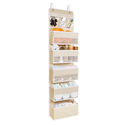 Univivi 6-Shelf Over Door Hanging Organizer Fabric Door Storage with 5 Large Pockets and 3 Small PVC Pockets Wall Mount Hanging Storage Organizers (Beige)…