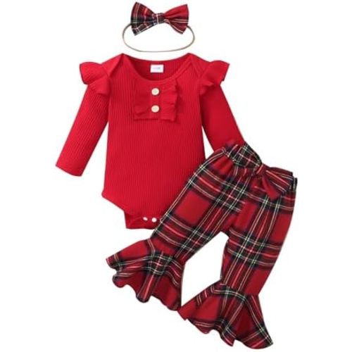 Kuriozud Newborn Baby Girl Bell Bottom Outfit Ruffle Romper Cute Bow Flare Pants Set Headband Cute Clothes