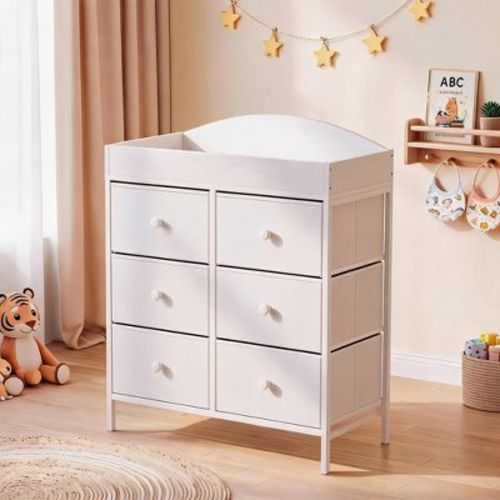 2 In 1 Convertible Baby Changing Station 6 Drawer Kids Storage Dresser 37.4 Inch Ergonomic Height Anti Tip Guard Rails Nursery Furniture
