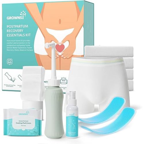 Grownsy Postpartum Essentials Recovery Kit for Labor & Delivery | Postpartum Kit for Women | Includes Upside Down Peri Bottle, Perineal Spray, 28 Cooling Pad Liners,2 Ice Packs &4 Disposable Underwear