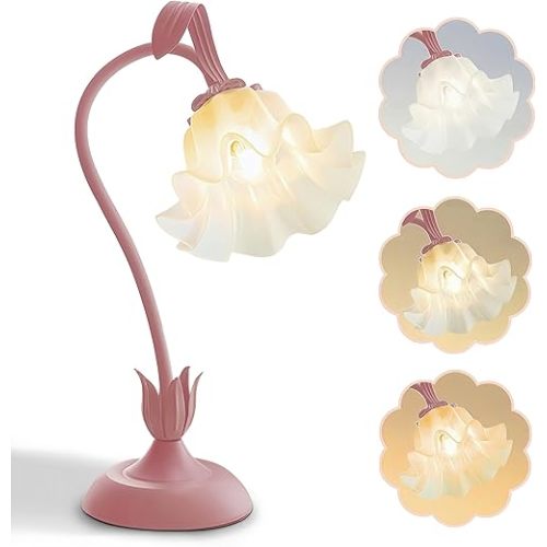 Flower Table Lamp,Vintage Lily of The Valley Flower Lamps Flower Night Light LED Reading Light with Adjustable Gooseneck, 3 Color Modes Cute Bedside Lamp for Bedroom and Living Room Décor (pink lamp)