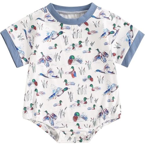 Infant Baby Boy Girl Mallard Duck Romper Short Sleeve Animal Duck One Piece Bodysuit Tops Hunting Baby Clothes - Blue