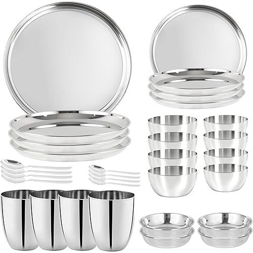 Stainless Steel Dinner Set of 32 Pcs (Dinner Plates, Quarter Plates, Glasses, Spoons, Dishes, Bowls) Dinnerware Set Dishwasher Safe - Camping Set - Service for 4 (Sticker Free)