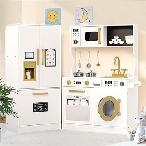 Kinder King Wooden Kids Play Kitchen, Toy Kitchen Playset for Toddler, Play Kitchen Set w/Transparent Coloring Board, Pretend Fridge, Washing Machine, Ice Maker, Gift for Boys Girls Age 3+, White