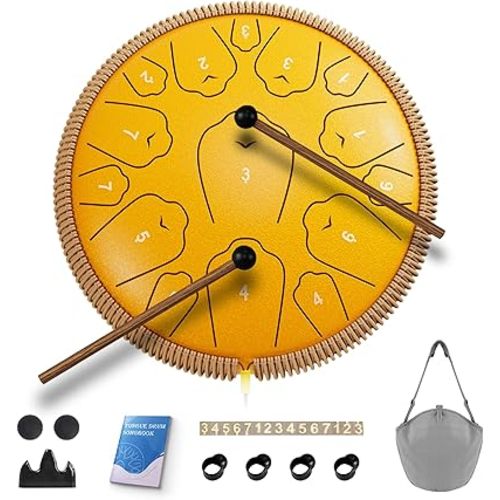 Steel Tongue Drum, 13 Inch 15 Notes Tongue Drums, C Major Drum Percussion Instruments, Handpan Drums with Music Book, Drum Mallets and Carry Bag (Yellow)