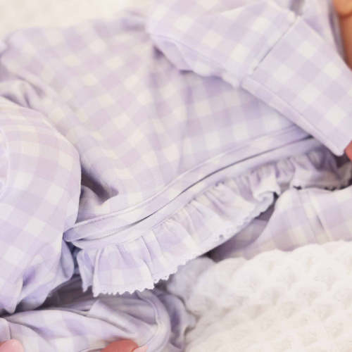 Peter Pan Collar Ruffle Zipper Footie | Lilac Gingham