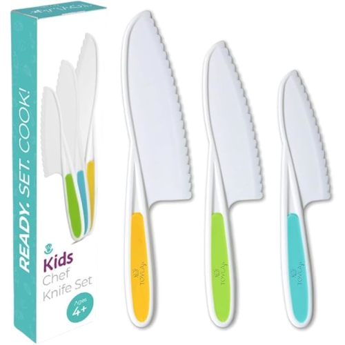 Jr. Knives for Kids 3-Piece Kitchen Cooking and Baking Knife Set: Montessori Children's Knives in 3 Sizes & Colors/Firm Grip, Serrated Edges, BPA-Free Kids' Toddler Knives (colors vary)