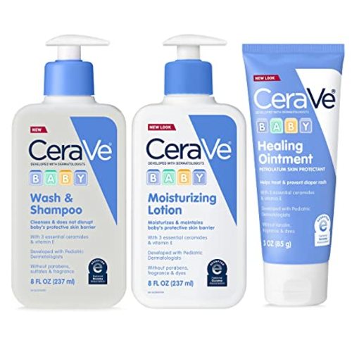 CeraVe Baby Bath Set | 8oz Baby Wash & Shampoo + 8oz Baby Moisturizing Lotion + 3oz Baby Healing Ointment | Fragrance, Parabens, Phthalates, & Tear Free Baby Bath Essentials | Gentle Baby Skin Care