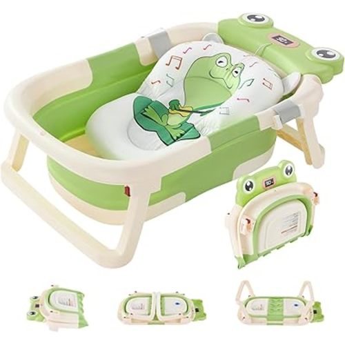 Foldable Baby Bathtub with Cushion & Water Thermometer and Drain Hole, Portable Durable Foldable Baby Bath Tub for Newborn Infants 0-36 Months (Green)