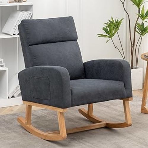 Rocking Chair Nursery, Upholstered Nursery Glider Rocker with High Backrest, Modern Rocking Accent Chair for Living Room,Bedroom, Dark Gray