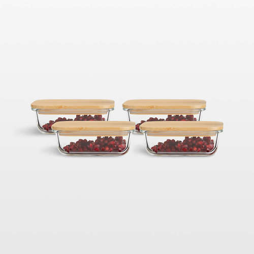 1-Cup Rectangular Glass Food Storage Container with Bamboo Lid, Set of 4