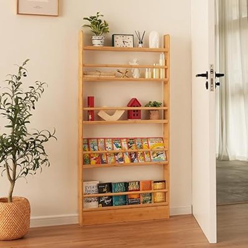 Kids Bookshelf, 5 Tier Shelves Behind The Door Book Shelf Storage, Children's Bamboo Bookcase Space- Saving, Wall Mount Bookshelf for Bedroom, Living Room（Natural Bamboo）
