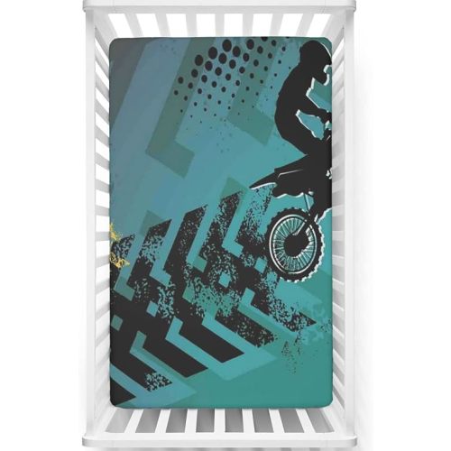 Dirt Bike Themed Fitted Crib Sheet,Standard Crib Mattress Fitted Sheet Ultra Soft Material -Great for Boy or Girl Room or Nursery,28 x 52 Inch,Blue Black