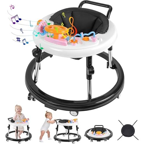 Baby Walker, Foldable 9-Gear Height Adjustable Baby Walker with Wheels, Infant Toddler Walker with Music Disk, Anti-Fall Baby Walkers and Activity Center with Foot Pads for Boys and Girls 6-24 Months