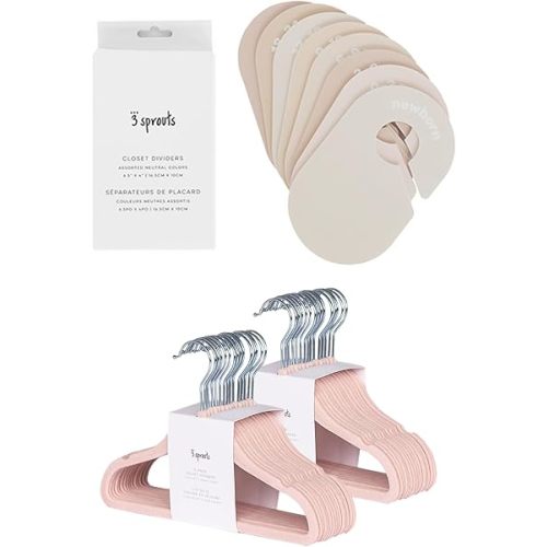 3 Sprouts Closet Dividers & Hangers Bundle - 8 Baby Size Dividers (Neutrals) and 30 Velvet Hangers for Baby Clothes (Pink)