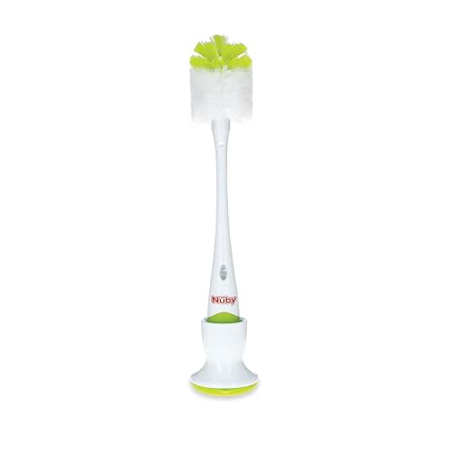 Nuby 2-in-1 Baby Bottle Brush with Stand - Soft Nylon Bristles - Dishwasher Safe - Bottle and Nipple Cleaning Tool - Green