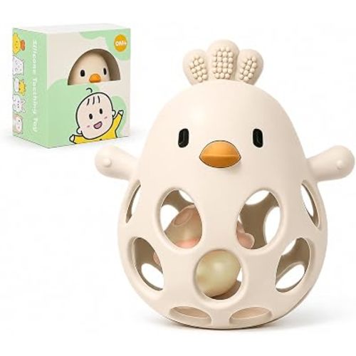 2-in-1 Baby Teether & Rattle Toy for Babies 0-12 Months, Food-Grade Silicone Teether, BPA Free, Easy-Grip Sensory Chew Toy for Infants (Beige)