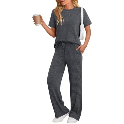 LILLUSORY 2 Piece Lounge Sets for Women Matching Summer Outfits Casual Ribbed Knit Pajamas Wide Leg Pants Trendy Clothes 2025