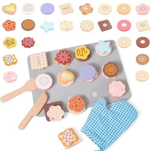 28pcs Wooden Cookie Maker Toy Kitchen Accessories, Kids Play Kitchen Cutting and Baking Food Toys Cookies Bakery Playset, Toddler Pretend Play Toy Food Set Boys and Girls Birthday Gift