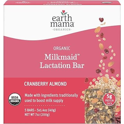 Earth Mama Organic Milkmaid® Lactation Bars, Cranberry Almond, 5 Count – USDA Certified Organic Breastfeeding Snacks Made with Ingredients Traditionally Used to Boost Breastmilk Supply