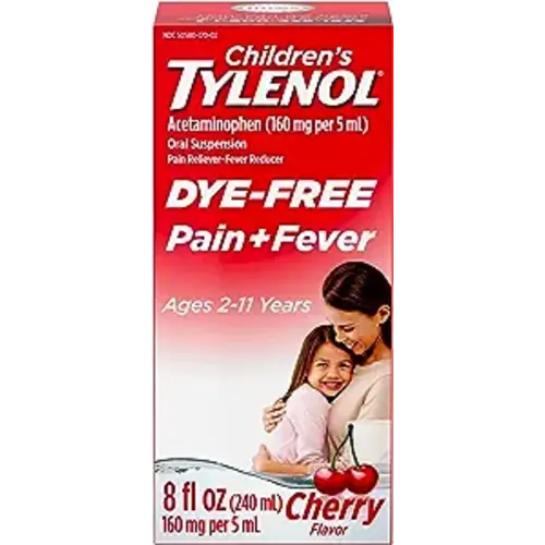 Tylenol Children's Liquid Pain Relief & Fever Medicine, Oral Suspension, Dye-Free, Acetaminophen, Aspirin-Free, Ibuprofen-Free, High Fructose Corn Syrup-Free; Cherry Flavor, 8 fl. oz.; Pack of 1