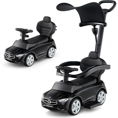 Costzon Push Car for Toddlers, 3 in 1 Mercedes Benz Stroller Sliding Walking Car w/Canopy, Handle, Safety Bar, Horn Sound, Underneath Storage, Foot-to-Floor Ride On Toy for Boys & Girls (Black)