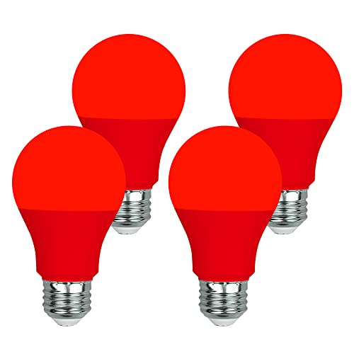 GREENIC Red Light Bulbs 9W (60 Watt Equivalent), 120V E26 Base A19 Red LED Lights for Bedroom, Porch, Holiday, Party, Valentine's Day, Halloween, Christmas, Home (4 Pack)