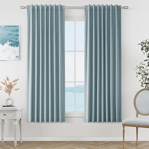 Guken Blue Linen Blackout Curtains 63 Inch Length 2 Panels Set for Living Room Bedroom Back Tab Thermal Insulated 100% Black Out Linen Drapes Room Darkening Window Curtains 63 Inches Long Dusty Blue