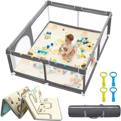 dearlomum Baby Playpen with Mat 71" X 59", Extra Large Play Yard for Babies and Toddlers, Safety Baby Fence, Indoor & Outdoor Kids Activity Play Center with Anti-Slip Suckers and Zipper Gate(Grey)