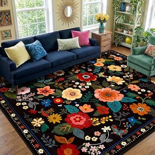 RELEANY Floral 8x10 Area Rugs Washable Print Boho Cute Carpet Non Slip Flower Low Pile for Living Room Bedroom Kitchen Office Farmhouse-Black