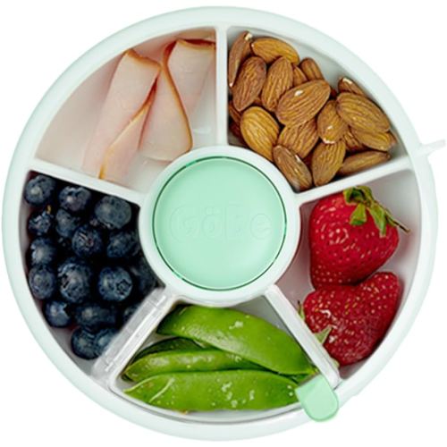GoBe Kids Small Snack Spinner Flip Bundle with Hand Strap and Sticker Sheet - Reusable Snack Container with 5 Compartment Dispenser and Lid | BPA/PVC Free | Dishwasher Safe | No Spill- Mint Green
