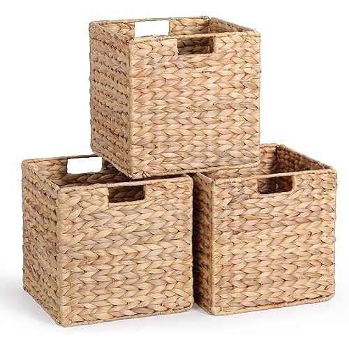 12 x 12 x 12in Water Hyacinth Storage Baskets, Wicker Storage Baskets for Shelves, Foldable Square Baskets for IKEA Kallax Set of 3, Large Cubby Rattan Basket, Wicker Baskets for Organizing