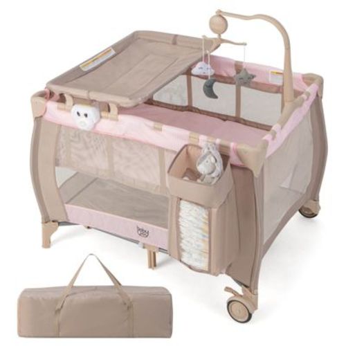 Infans Portable Baby Playard Nursery Center Crib Bassinet W/ Hanging Toys & Music Box
