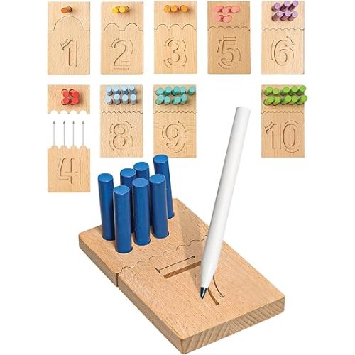 Bimi Boo Montessori Counting Pegs and Number Tracing Boards for Kids - Wooden Math Toy for Toddlers and Preschoolers - Math Manipulatives for Kindergarten (55 Pegs, 10 Boards, 1 Pen)
