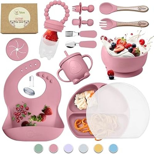 O'doe 17-Piece BPA-Free Silicone Baby Feeding Set | Thick & Soft Suction Plates, Baby Bowls, Wooden Fork & Spoon, and More | Make Mealtime Fun and Easy for Your Little One | Pink, V2